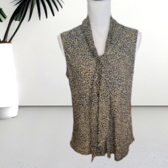 NWT Anne Klein Sleeveless Black with Mustard Drops Tie Front Evening Blouse - Picture 1 of 3